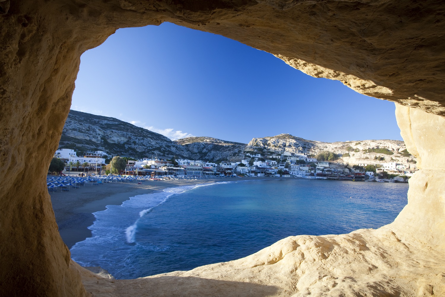 Matala beach seen from a Roman cave, Crete, Greece.